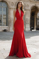 Laden Sie das Bild in den Galerie-Viewer, Dunkelgrün Satin Neckholder Meerjungfrau Lange Ballkleid