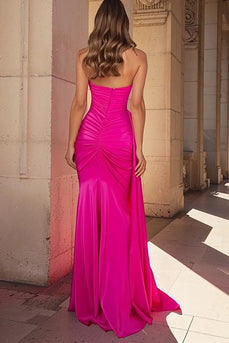 Fuchsia Herz-Ausschnitt Satin Meerjungfrau Lange Ballkleid mit Schlitz