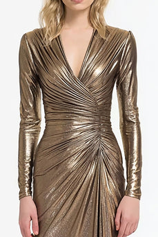 Glitzer Grau und Gold V-Ausschnitt Sheath Lange Formelle Kleid mit Ärmel