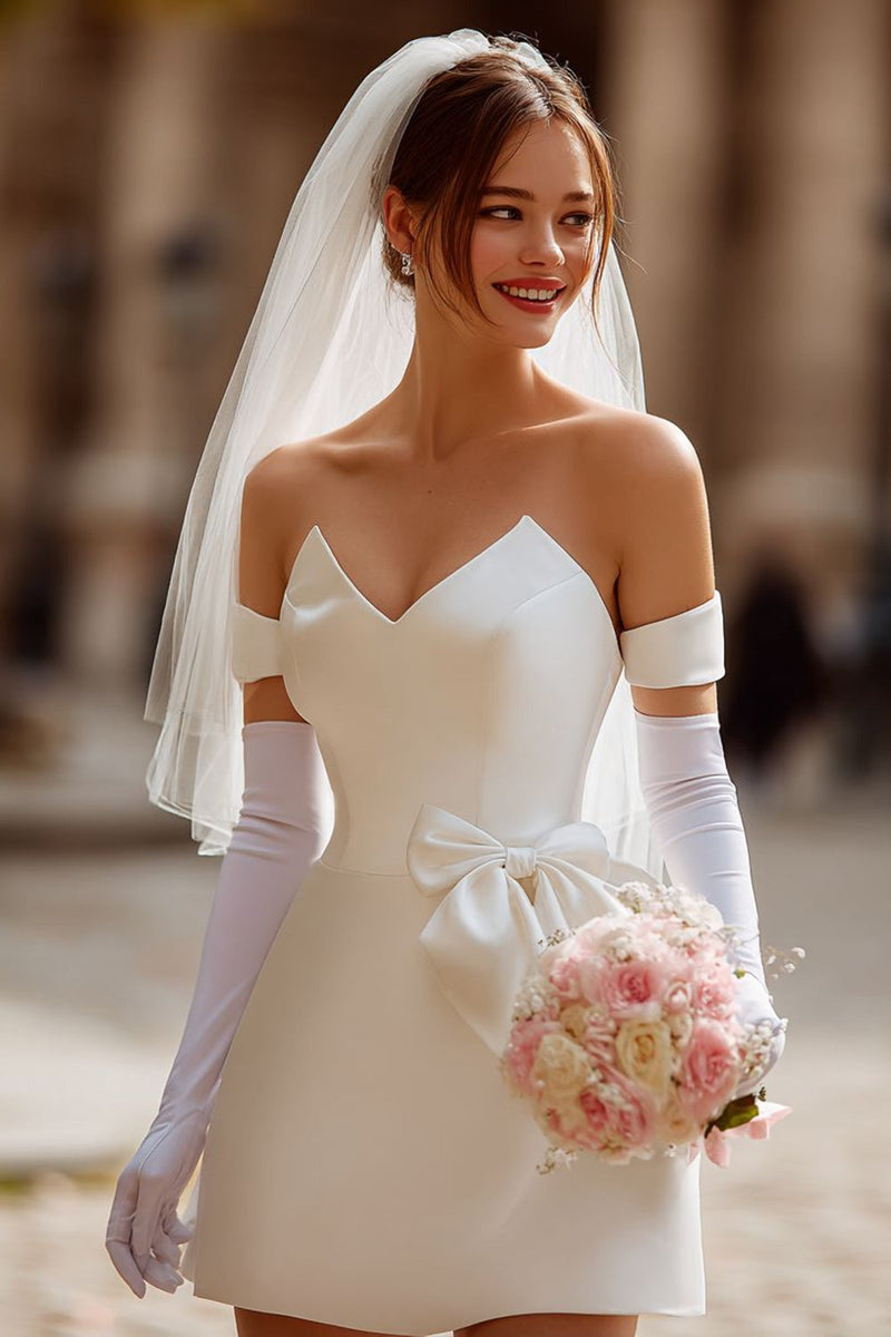 hochzeitskleid mit handschuhe Homrain Frauen Elfenbein Kurzes Hochzeitskleid ohne Handschuhe Korsett  Trägerloses A-Linie Satin Standesamtkleid mit Schleife – Homrain DE