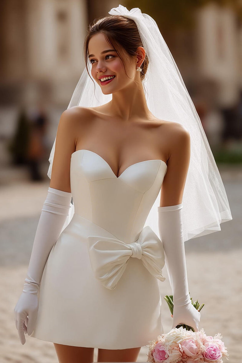 Homrain Frauen Elfenbein Kurzes Brautkleid ohne Handschuhe Bodycon  Herzausschnitt Satin Standesamtkleid mit Schleife – Homrain DE
