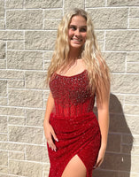 Laden Sie das Bild in den Galerie-Viewer, Glitzer Königsblau Meerjungfrau Trägerlos Langes Abendkleid mit Schlitz