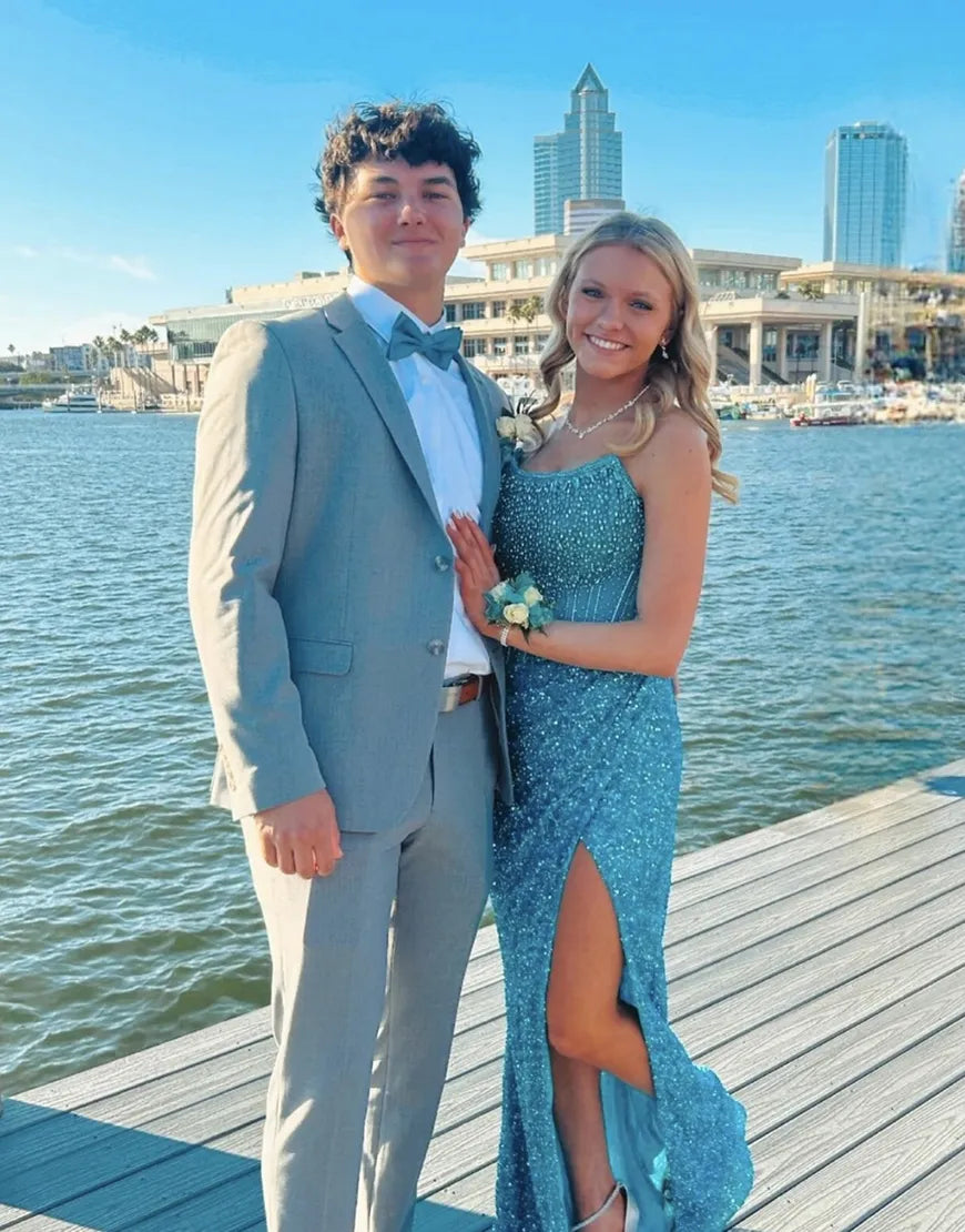 Laden Sie das Bild in den Galerie-Viewer, Glitzer Königsblau Meerjungfrau Trägerlos Langes Abendkleid mit Schlitz