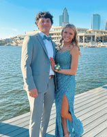 Laden Sie das Bild in den Galerie-Viewer, Glitzer Blau Trägerloses Meerjungfrau Langes Ballkleid mit Schlitz