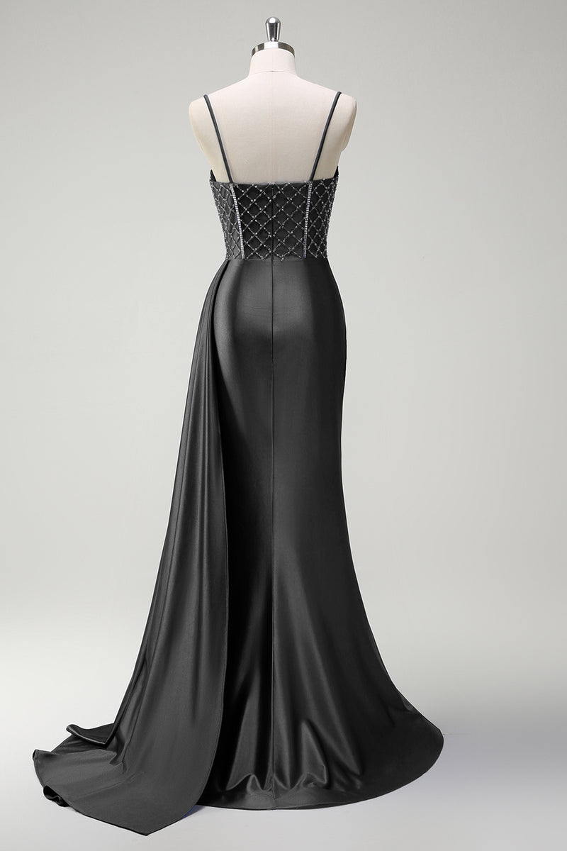 Laden Sie das Bild in den Galerie-Viewer, Glitzer Königsblau Korsett Meerjungfrau Lange Satin Abendkleid mit Schlitz