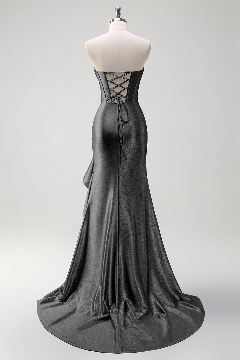 Laden Sie das Bild in den Galerie-Viewer, Glitzer Schwarz Korsett Satin Lange Abendkleid mit Rüschen Schlitz