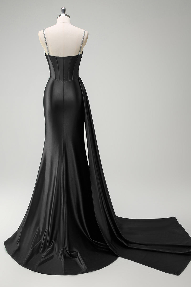 Laden Sie das Bild in den Galerie-Viewer, Glitzer Dunkelgrün Pailletten Spaghettiträger Lange Abendkleid mit Schlitz