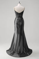 Laden Sie das Bild in den Galerie-Viewer, Grün Meerjungfrau Spaghettiträger Satin Korsett Langes Ballkleid mit Schlitz