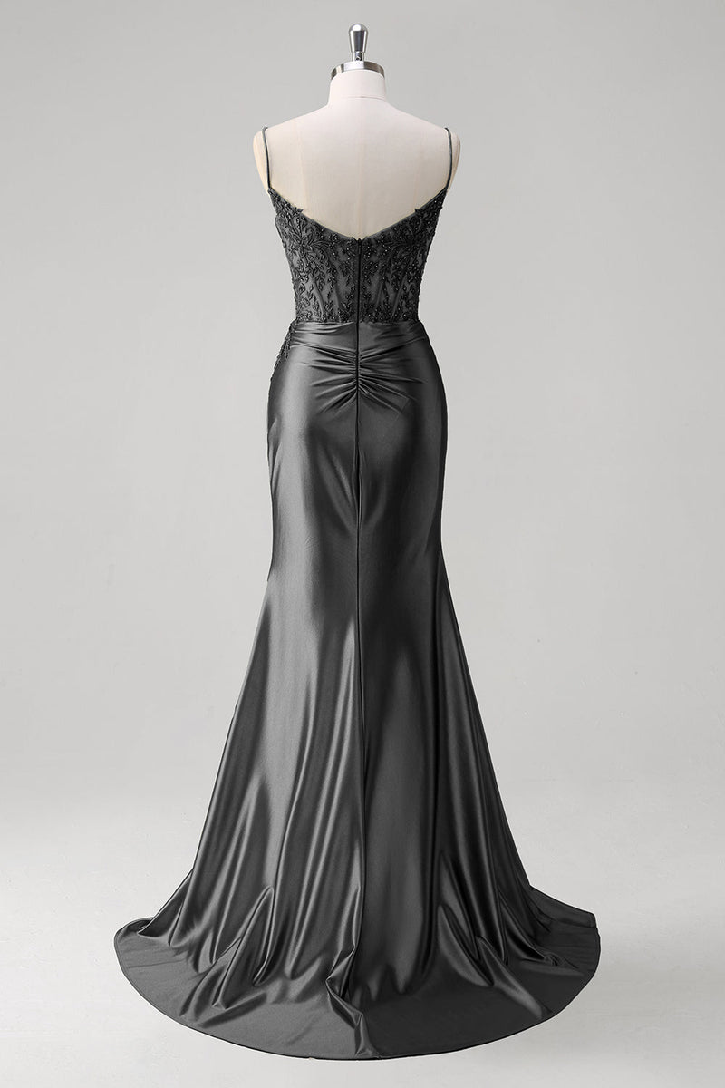 Laden Sie das Bild in den Galerie-Viewer, Grün Meerjungfrau Spaghettiträger Satin Korsett Langes Ballkleid mit Schlitz