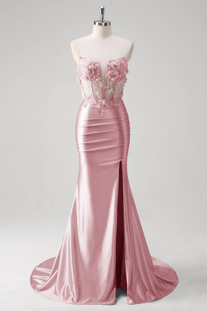 Laden Sie das Bild in den Galerie-Viewer, Glitzer Blau Meerjungfrau Trägerloses Korsett Lange Abendkleid mit Blumen