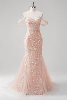 Laden Sie das Bild in den Galerie-Viewer, Blumen Blau Schulterfreie Korsett Lange Abendkleid mit Applikationen