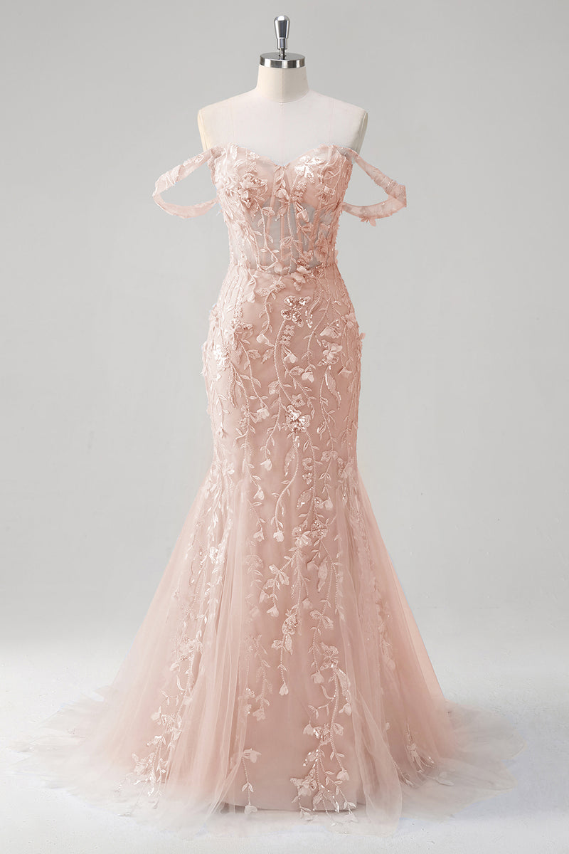 Laden Sie das Bild in den Galerie-Viewer, Blumen Blau Schulterfreie Korsett Lange Abendkleid mit Applikationen