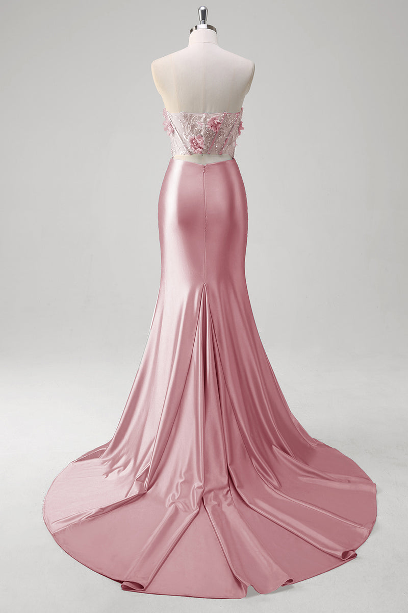 Laden Sie das Bild in den Galerie-Viewer, Glitzer Blau Meerjungfrau Trägerloses Korsett Lange Abendkleid mit Blumen