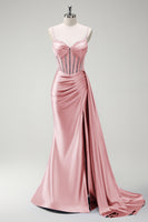 Laden Sie das Bild in den Galerie-Viewer, Glitzer Königsblau Korsett Meerjungfrau Lange Satin Abendkleid mit Schlitz