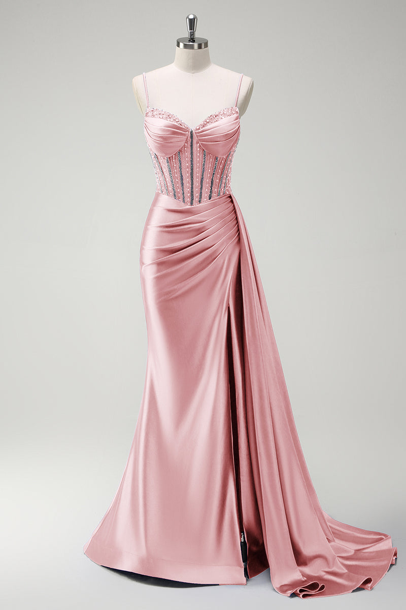 Laden Sie das Bild in den Galerie-Viewer, Glitzer Königsblau Korsett Meerjungfrau Lange Satin Abendkleid mit Schlitz