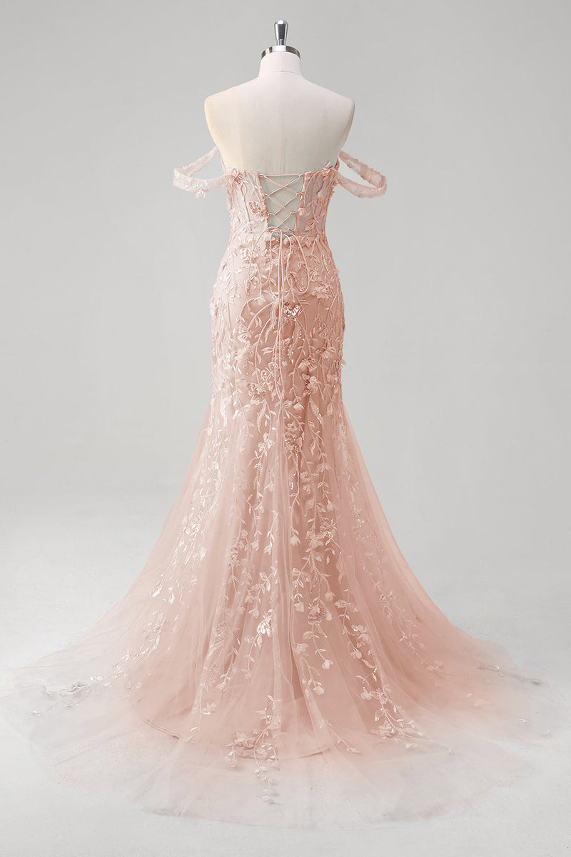 Laden Sie das Bild in den Galerie-Viewer, Blau Meerjungfrau Schulterfrei Korsett Langes Ballkleid mit Rücken Schnürung