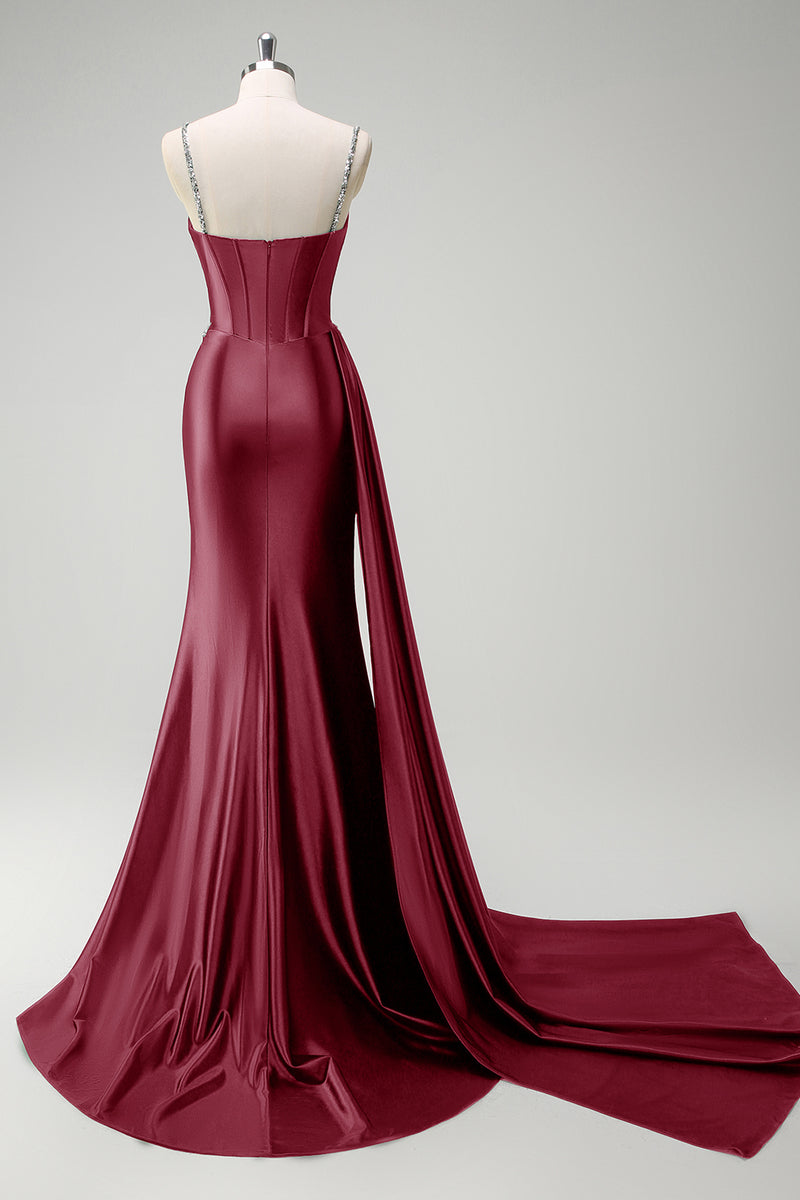 Laden Sie das Bild in den Galerie-Viewer, Glitzer Dunkelgrün Pailletten Spaghettiträger Lange Abendkleid mit Schlitz