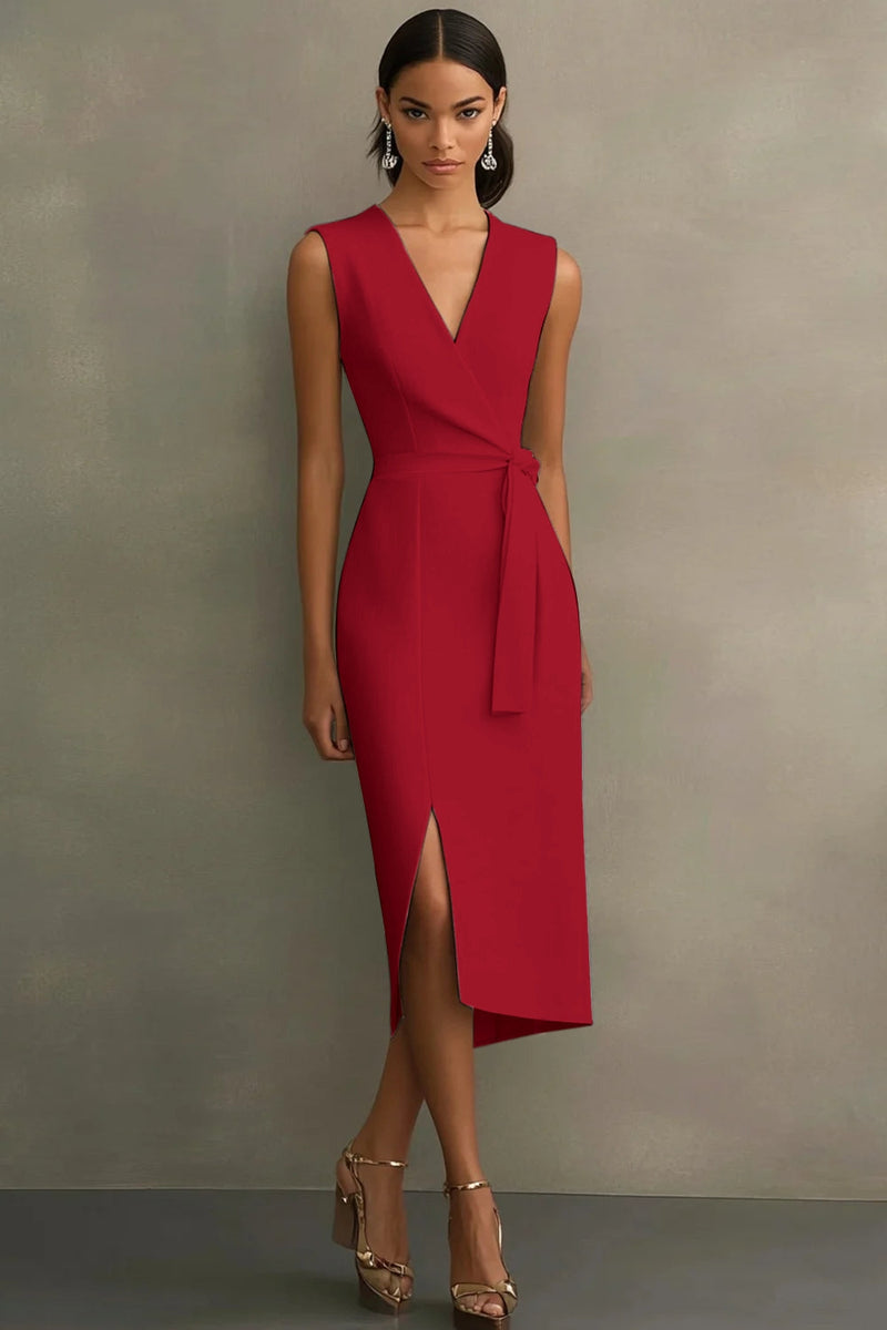 Laden Sie das Bild in den Galerie-Viewer, Weiß Bodycon Satin V Ausschnitt Mid Calf Semi Formelle Kleid mit Schlitz