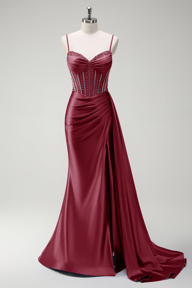 Laden Sie das Bild in den Galerie-Viewer, Glitzer Königsblau Korsett Meerjungfrau Lange Satin Abendkleid mit Schlitz