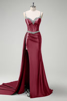 Laden Sie das Bild in den Galerie-Viewer, Glitzer Dunkelgrün Pailletten Spaghettiträger Lange Abendkleid mit Schlitz