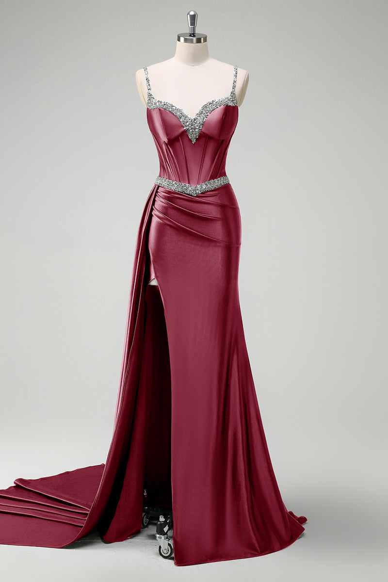 Laden Sie das Bild in den Galerie-Viewer, Glitzer Dunkelgrün Pailletten Spaghettiträger Lange Abendkleid mit Schlitz