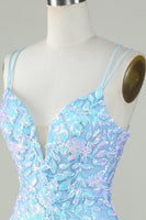 Laden Sie das Bild in den Galerie-Viewer, Glitzerndes hellblaues Cocktailkleid mit Schnürung am Rücken