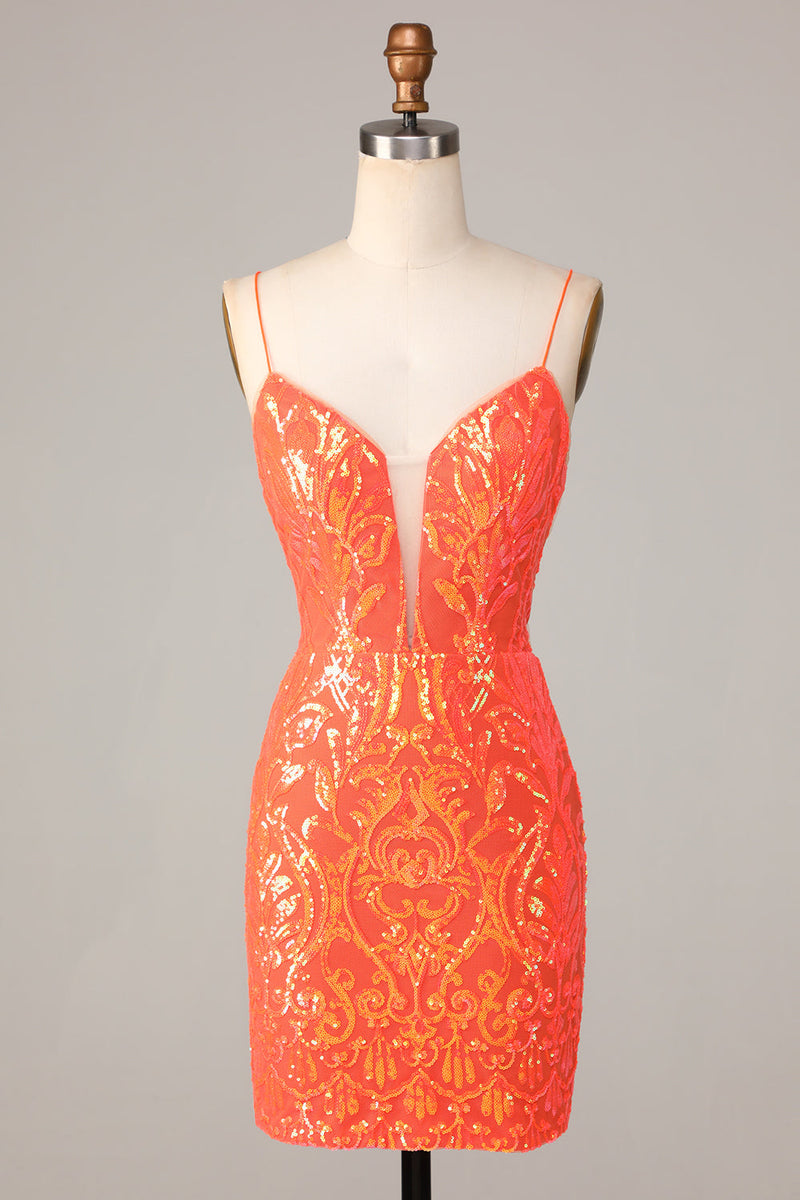Laden Sie das Bild in den Galerie-Viewer, Sparkle 'til Dawn Bodycon Spaghettiträger Orange Pailletten Kurzes Cocktailkleid
