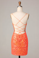 Laden Sie das Bild in den Galerie-Viewer, Sparkle 'til Dawn Bodycon Spaghettiträger Orange Pailletten Kurzes Cocktailkleid
