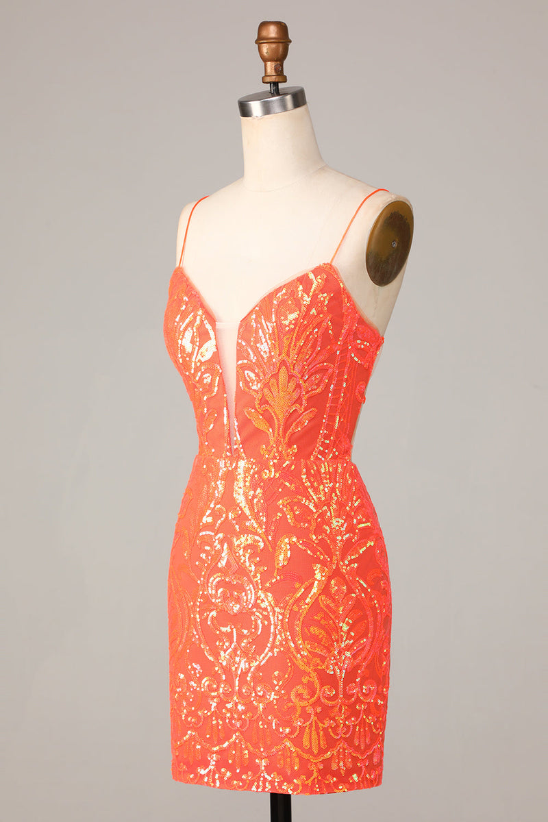 Laden Sie das Bild in den Galerie-Viewer, Sparkle 'til Dawn Bodycon Spaghettiträger Orange Pailletten Kurzes Cocktailkleid