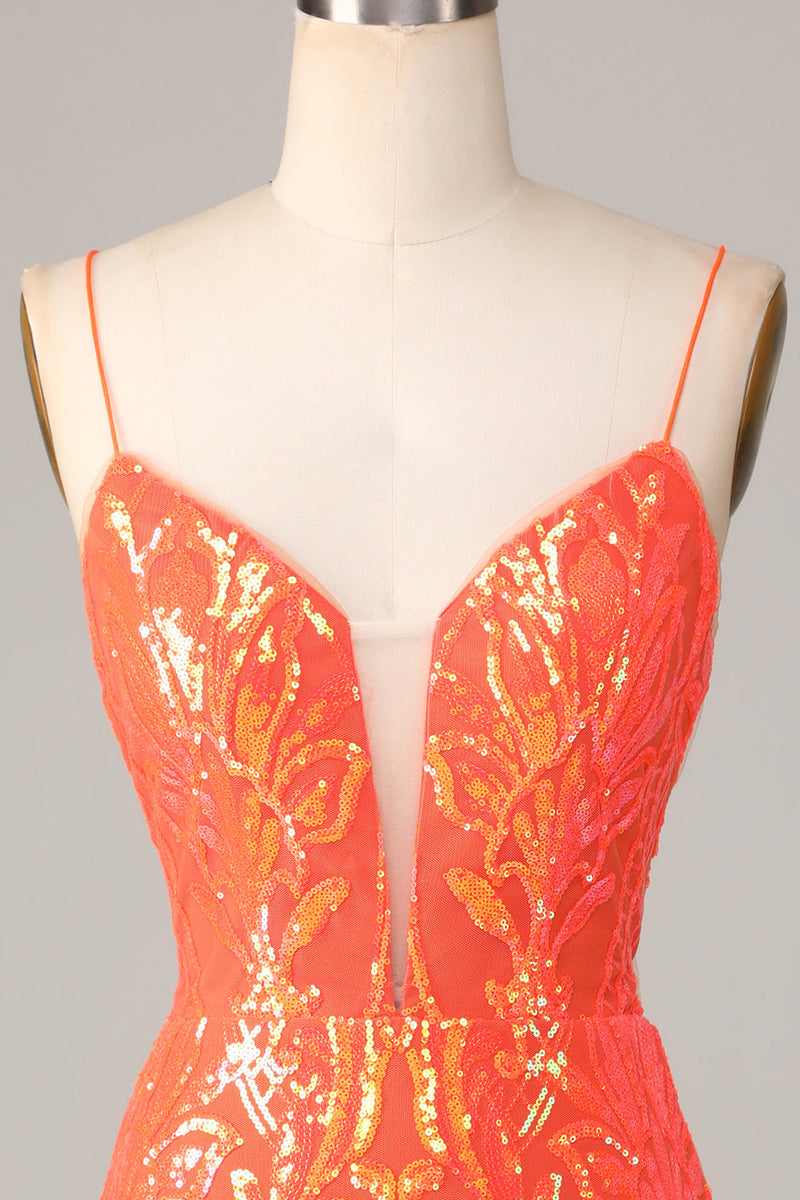 Laden Sie das Bild in den Galerie-Viewer, Sparkle 'til Dawn Bodycon Spaghettiträger Orange Pailletten Kurzes Cocktailkleid