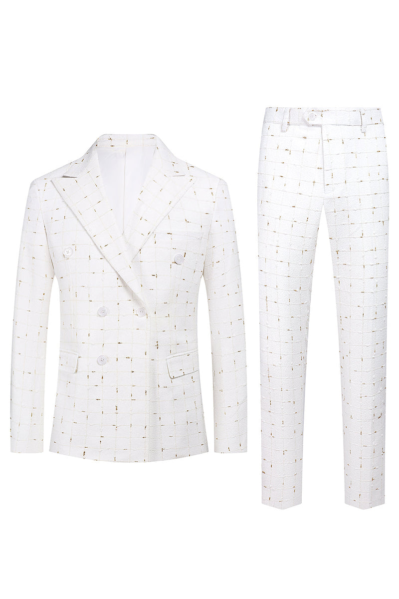 Laden Sie das Bild in den Galerie-Viewer, Weißer Karierter Zweireihiger Eingekerbtes 2-Teiliger Abschlussballanzug für Herren