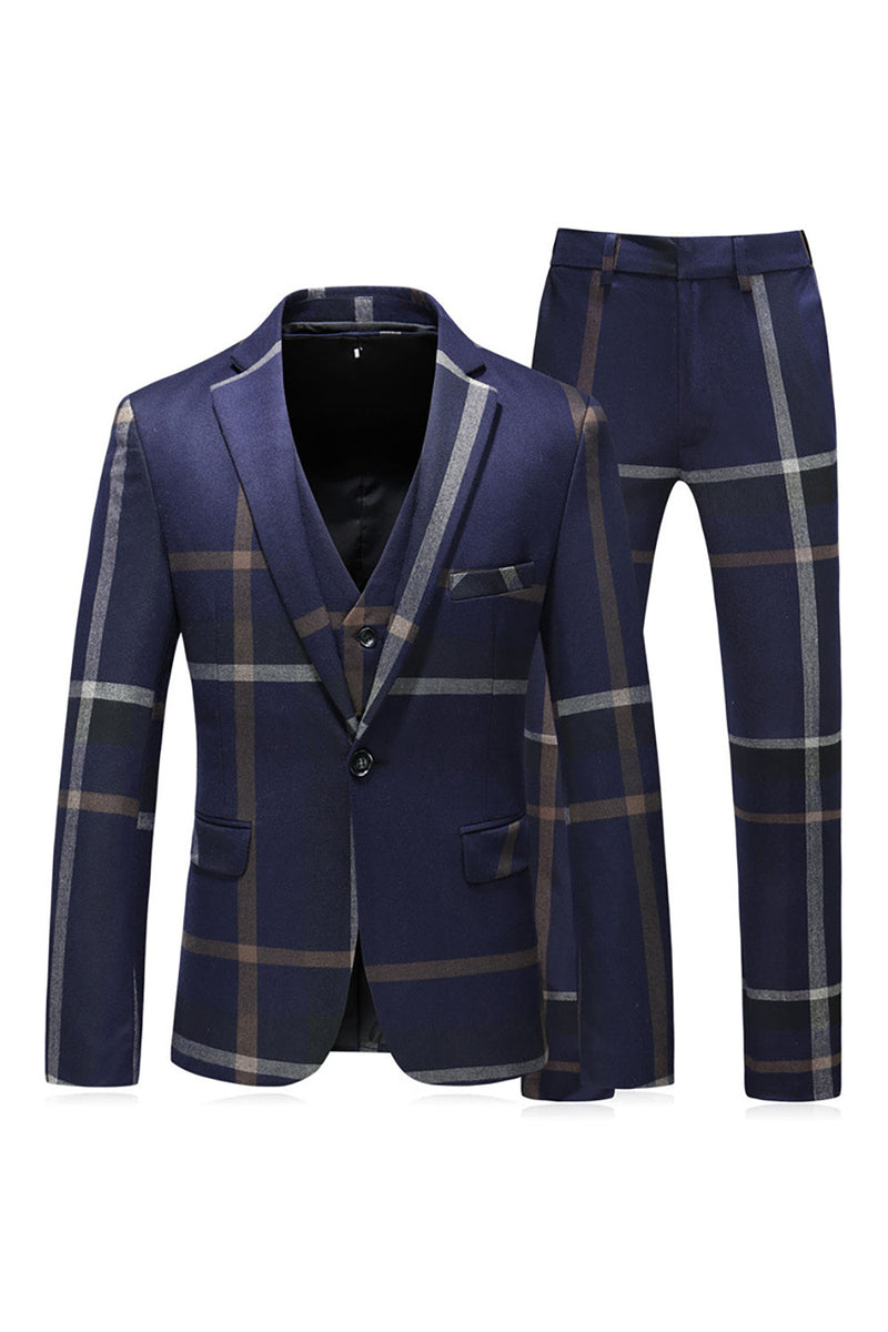 Laden Sie das Bild in den Galerie-Viewer, Grau Gestreiftes Ein-Knopf Gekerbtes Revers Herren 3-Teiliger Abendanzug