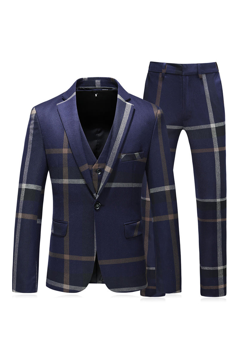 Laden Sie das Bild in den Galerie-Viewer, Grau Gestreiftes Ein-Knopf Gekerbtes Revers Herren 3-Teiliger Abendanzug