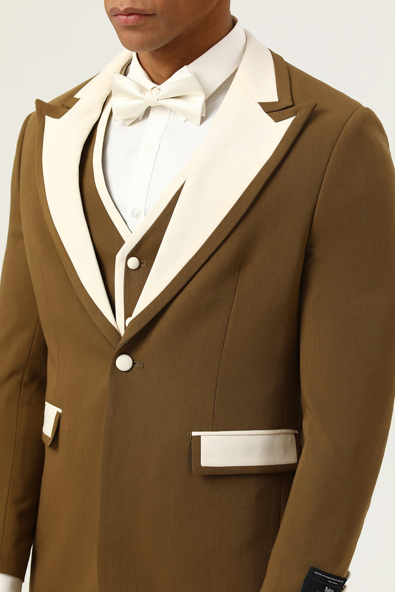 Laden Sie das Bild in den Galerie-Viewer, Brauner Spitzenrevers 3-Teiliger Ein-Knopf Herren Abendanzug