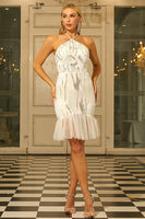 Laden Sie das Bild in den Galerie-Viewer, Elfenbeinfarbenes Neckholder-Glitzer-Pailletten-Cocktailkleid