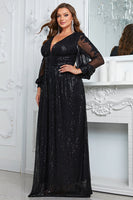 Laden Sie das Bild in den Galerie-Viewer, Schwarzes glitzerndes Kleid mit langen Ärmeln für die Mutter der Braut in Übergröße