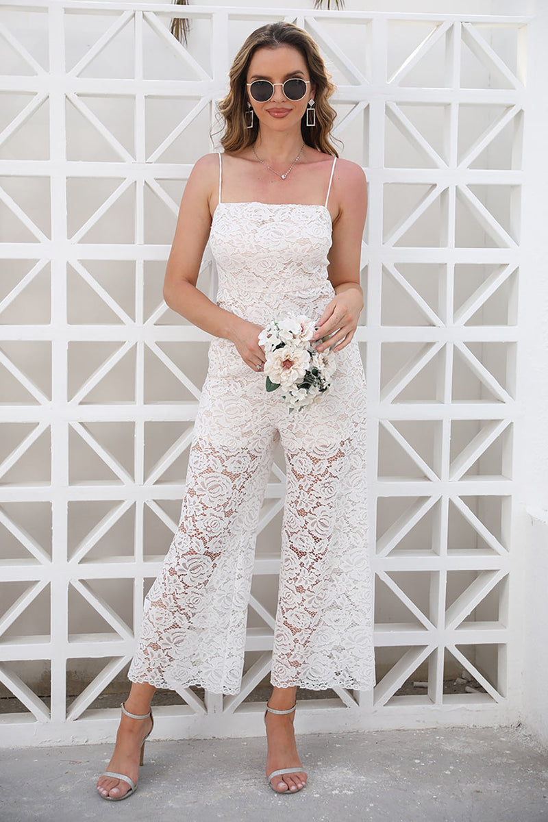 Laden Sie das Bild in den Galerie-Viewer, Weiße Spitzen-Verlobungsparty-Jumpsuits