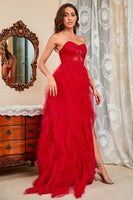 Laden Sie das Bild in den Galerie-Viewer, Trägerloses Schwarzes Korsett Abendkleider mit Schlitz