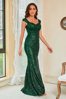 Laden Sie das Bild in den Galerie-Viewer, Glitzer Dunkelgrünes Pailletten Ärmellose Abendkleider