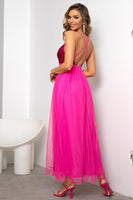 Laden Sie das Bild in den Galerie-Viewer, Fuchsia A-Linie V-Ausschnitt Langes Ballkleid mit Schlitz