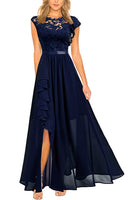 Laden Sie das Bild in den Galerie-Viewer, Schwarz Rüsche Boot-Ausschnitt Chiffon Abendkleider mit Schlitz