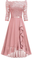 Laden Sie das Bild in den Galerie-Viewer, Rosa Rüsche Schulterfreies Chiffon AbendKleider mit Spitze