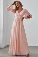 Laden Sie das Bild in den Galerie-Viewer, Dunkelgrün V-Ausschnitt Chiffon Abendkleider mit Ärmel