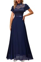 Laden Sie das Bild in den Galerie-Viewer, Schwarz Hohe Ausschnitt Chiffon Abendkleider mit Spitze