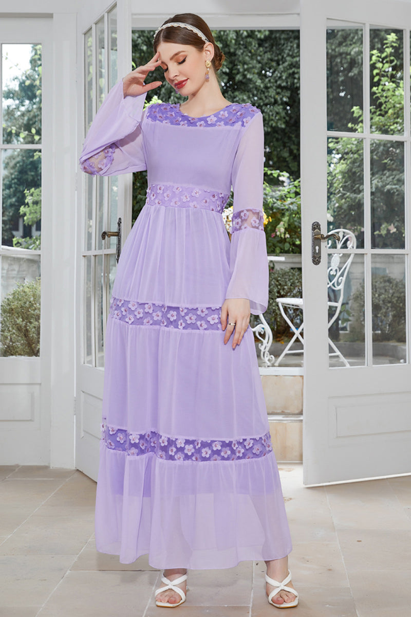 Laden Sie das Bild in den Galerie-Viewer, Lila Boot-Ausschnitt Chiffon Abendkleider mit 3D Blume