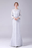 Laden Sie das Bild in den Galerie-Viewer, Silberne Spitzenscheide lange Ärmel bodenlanges Mutter-der-Braut-Kleid