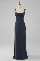 Laden Sie das Bild in den Galerie-Viewer, Frauen Schwarz Blau 
Abendkleider mit SchlitzEtui Spaghettiträger Bodenlanges Brautjungfernkleid mit geschnürtem Rücken