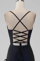 Laden Sie das Bild in den Galerie-Viewer, Etui Spaghettiträger Schwarz Rot Bodenlanges Brautjungfernkleid