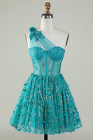 Laden Sie das Bild in den Galerie-Viewer, Stilvolles A Line Eine Schulter Königsblaues Korsett Cocktailkleid mit Perlen