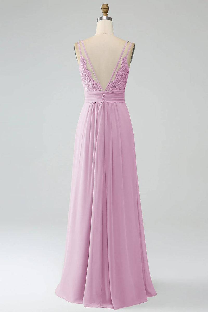 Laden Sie das Bild in den Galerie-Viewer, A-Linie Spaghettiträger V-Ausschnitt Plissee Chiffon langes Brautjungfernkleid